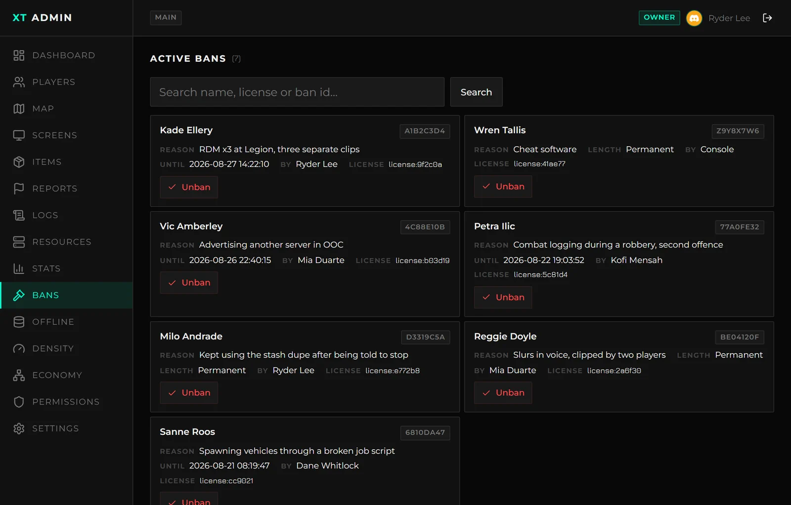 Active bans in the portal