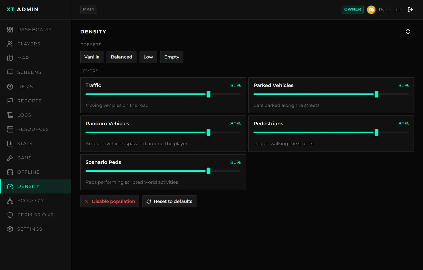 The Density tab in the portal