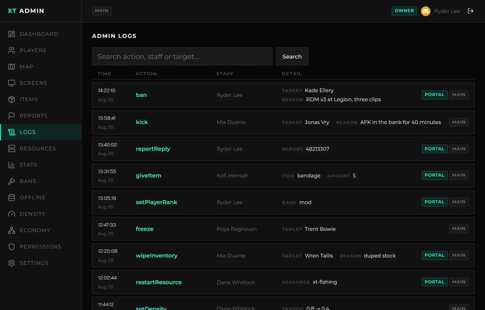 The Logs tab, with portal-raised rows tagged