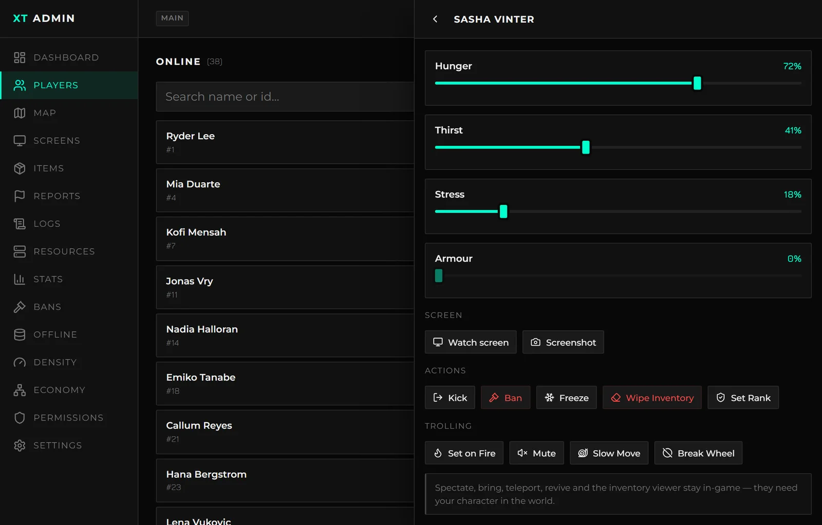 The portal roster with a player sheet open