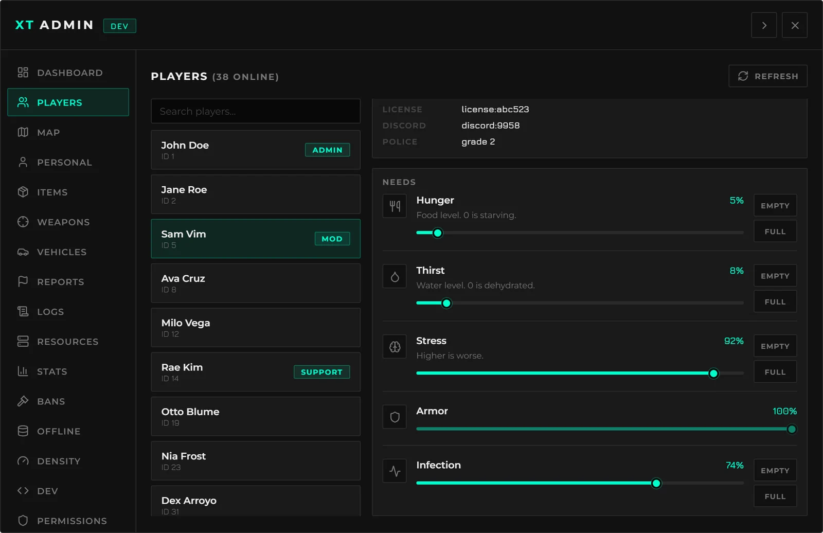 The Players tab of the xT Admin menu