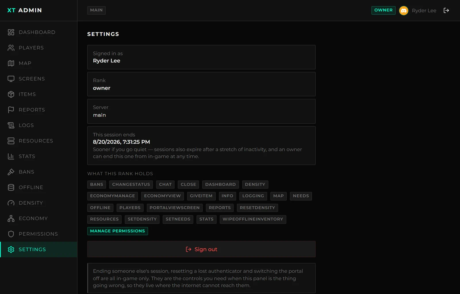 The portal Settings tab, showing the session and what the rank holds